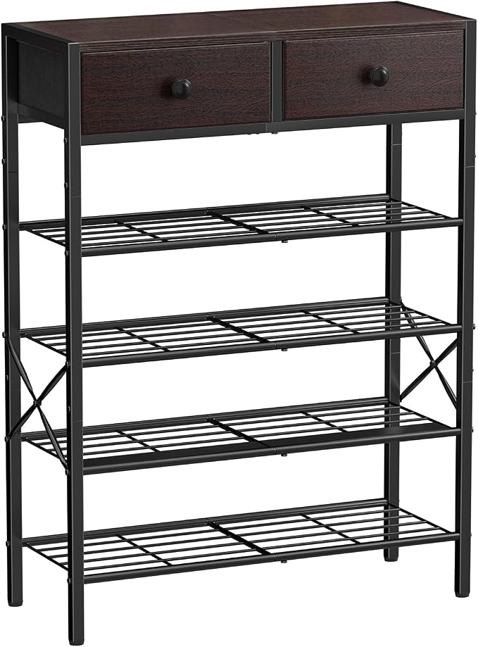 Shoe Rack for Entryway, 5 Tier Shoe Organizer with 2 Non-Woven Drawers, Metal Storage Shoe Shelf for 16-20 Pairs of Shoes, with Wooden Top and Steel Frame, Shoe Stand for Closet Dark Brown