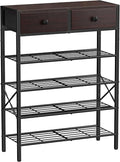 Shoe Rack for Entryway, 5 Tier Shoe Organizer with 2 Non-Woven Drawers, Metal Storage Shoe Shelf for 16-20 Pairs of Shoes, with Wooden Top and Steel Frame, Shoe Stand for Closet Dark Brown