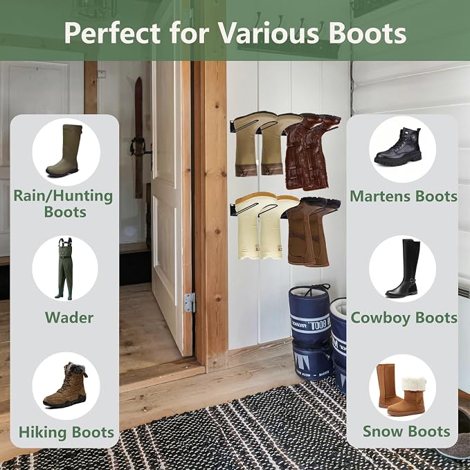 8 Pair Boot Rack for Wall Mounted - Wader Hangers for Drying Fishing Rain Hiking Tall Cowboy Boots - Boot Hanger Holder for Indoor Outdoor Entryway Garage Mudroom Closet