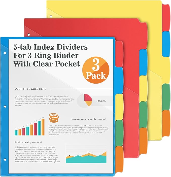V-Opitos 5-tab Index Dividers with 3 Holes Punched, Set of 3 Plastic Dividers with Clear Front Pocket, Multicolor Dividers for 3 Ring Binders, 15 Pcs Dividers for School & Office Supplies
