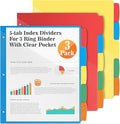 V-Opitos 5-tab Index Dividers with 3 Holes Punched, Set of 3 Plastic Dividers with Clear Front Pocket, Multicolor Dividers for 3 Ring Binders, 15 Pcs Dividers for School & Office Supplies