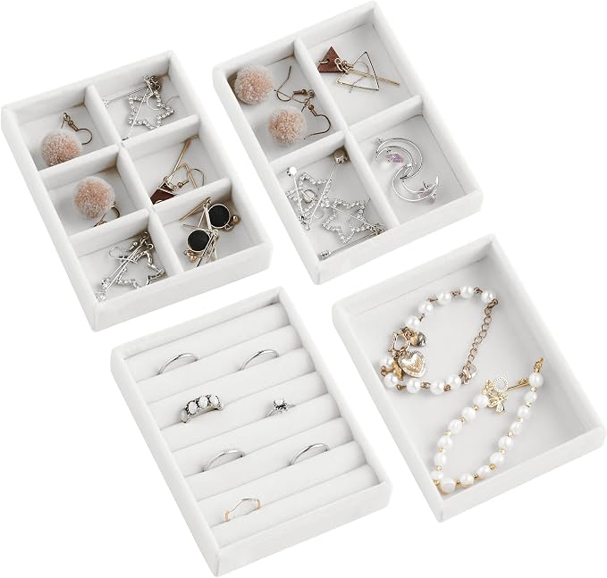 Frebeauty Small Jewelry Organizer for Drawer,Set of 4 Velvet Jewelry Trays | Jewelry Box Inserts,Drawer Inserts,Vanity Drawer Organizer,Mini Size,Stackable Earring Organizer,Adjustable Dividers