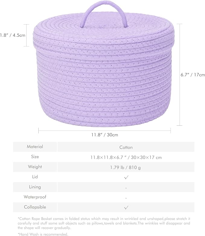 Sea Team Round Cotton Rope Storage Basket with Lid, Lidded Woven Storage Bin, Nursery Storage Container, Diaper Caddy, Baby Shower Basket, Box, Organizer, 11.8 x 11.8 x 6.7 Inches (Medium, Lavender)