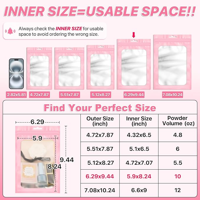 100 PCS Pink Resealable Mylar Bags with Zip and Frosted Clear Window Resealable Packaging Bags Foil Pouch Zipper Bag for Food Self Sealing Storage Supplies 6.29x9.44