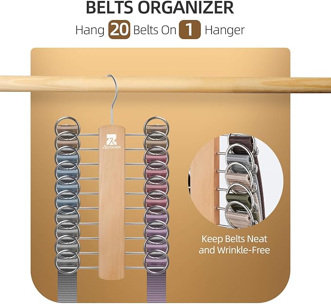 ZEDODIER 2 Pack Wooden Tie Rack, Tie Hanger for Men Closet, 40 Storage Capacity, Non-Slip Rotatable Tie Organizer, Hanging Space Saving Holder, Natural