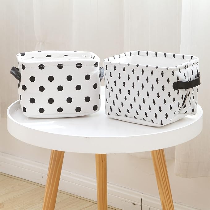 Sea Team Collapsible Small Canvas Fabric Storage Basket with Handles, Square Mini Storage Box, Cube, Foldable Shelf Basket, Closet, Desk Organizer for Nursery, Home, Office (Set of 4) (Small, Black)