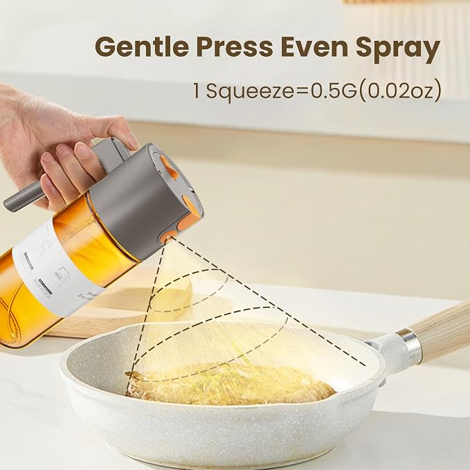 LAKUMIQI 2 in 1 Oil Sprayer & Dispenser, 17 oz Light-Blocking Glass Bottle | Large Capacity, Wide-Mouth for Easy Pouring and Cleaning, Leak-Proof Oil Bottle with Stickers for Salads, Air Fryers, BBQ
