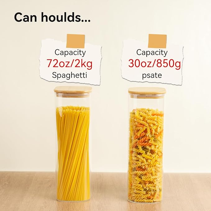Glass Spaghetti Pasta Storage Container - 3 Pack 2.5 QT Airtight Food Storage Jar Set with Bamboo Lid Labels -Tall Square Kitchen Pantry Canister Organizers for Noodle Cookies Flour Cereal Coffee Bean