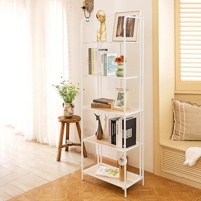 Crofy 5-Tier Foldable Bookshelf, White Frame & White Oak Shelves | No-Assembly Collapsible Portable Storage Organizer; Sturdy White Oak Finish Shelves; Ideal for Living Room & Home Office