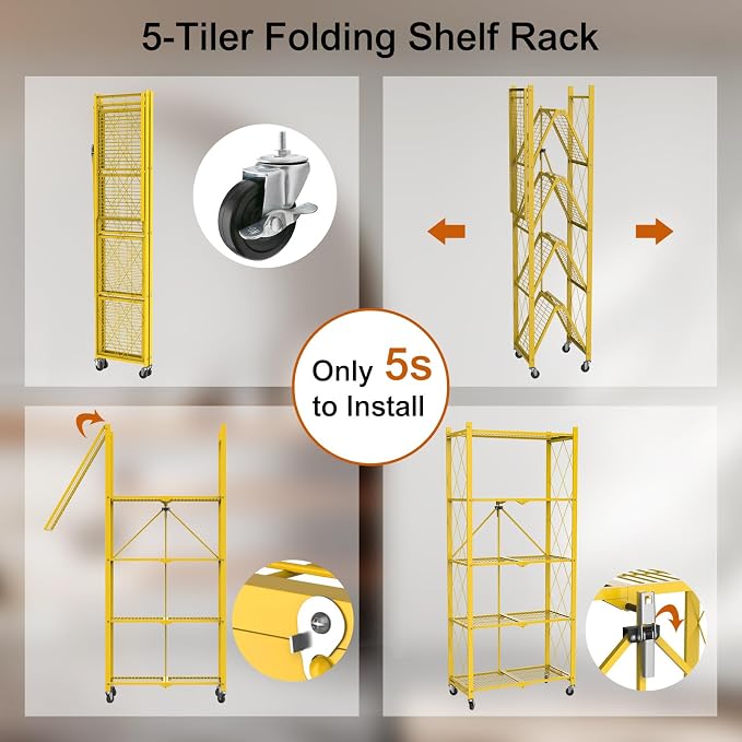 5 Tier Foldable Storage Shelves with Wheels -No Assembly Metal Folding Shelves Collapsible Shelving Unit Display Heavy Duty Rolling Shelf for Home Kitchen Office Room (Gold, 64" x 13" x 27")