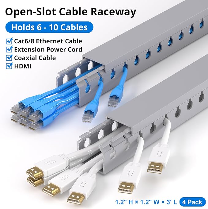 1.2"H x 1.2"W Cable Raceway, 12ft Under Desk Wire Management Channel, Grey | Slotted Wire Duct, 4 Pack (3 ft Each), Heavy-Duty PVC Cable Management for Server Racks, Network Cables & Electrical Cabinets