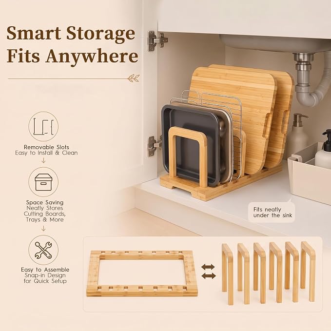 5-Slot Adjustable Cutting Board Rack,Bamboo Cutting Board Organizer Stand Holder,Chopping Board Holder,Pot Pan Lid Rack kitchen Shelf Bakeware for Kitchen Storage