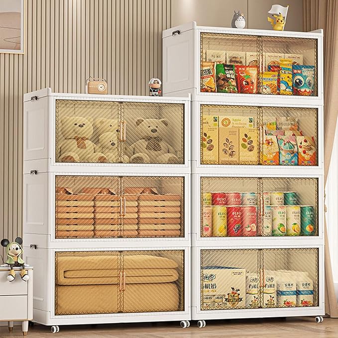 5900QT Stackable Storage Bins with Lid,147Gal Closet Organizers and Plastic Cabinets Shelves, Collapsible Drawers, Foldable Boxes with Wheels for Home Office, 3Pack (Clear Door, 39inch)
