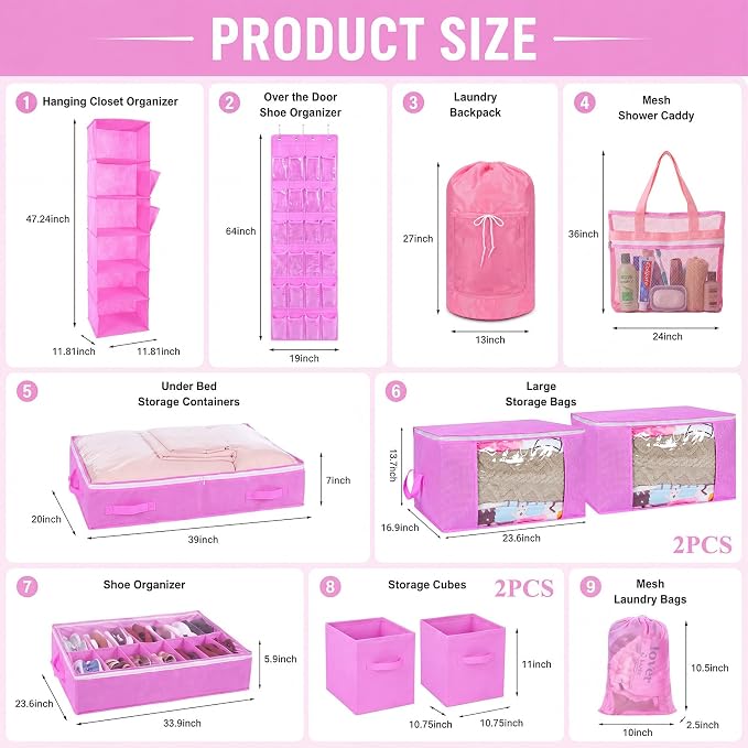Briwooody 11 Pcs College Dorm Storage Set, Dorm Organizer Kit with Closet Organizer, Over Door Shoe Rack, Under Bed Storage Bags, Laundry Backpack, Shower Caddy, Collapsible Bins(Pink)