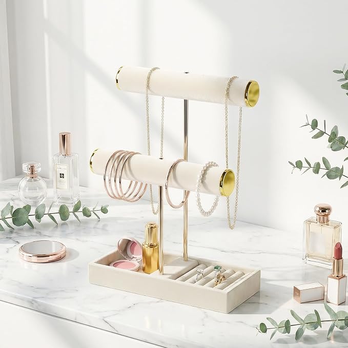 2 Tier Jewelry Organizer Stand,Velvet Tabletop Necklace and Bracelet Hanging Organizer Holder for Girls and Women,Large Small Jewelry Storage Display Tree Rack for Vendors,Ring and Watch Hanger(Beige)