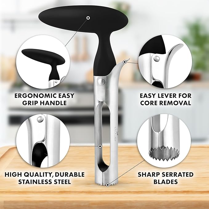Zulay Kitchen Ultra Sharp Apple Corer Tool - Stainless Steel, Sharp & Serrated Blade Cores in Seconds - Easy to Use & Clean, Durable Apple Core Remover for Apples & Small Fruits - Black