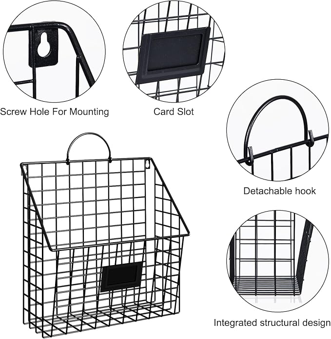 Yuzehuaza Hanging Wall File Holder Organizer Metal Wall Mount File Folders Holder Magazine Rack with Handles and Hooks , for Home Office, 4 Packs, Black (Patent Pending)