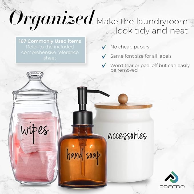 167 Laundry Room Labels for Containers, Prefdo Waterproof Black Script Preprinted on Clear Stickers for Linen Closet Home Organization(Black)