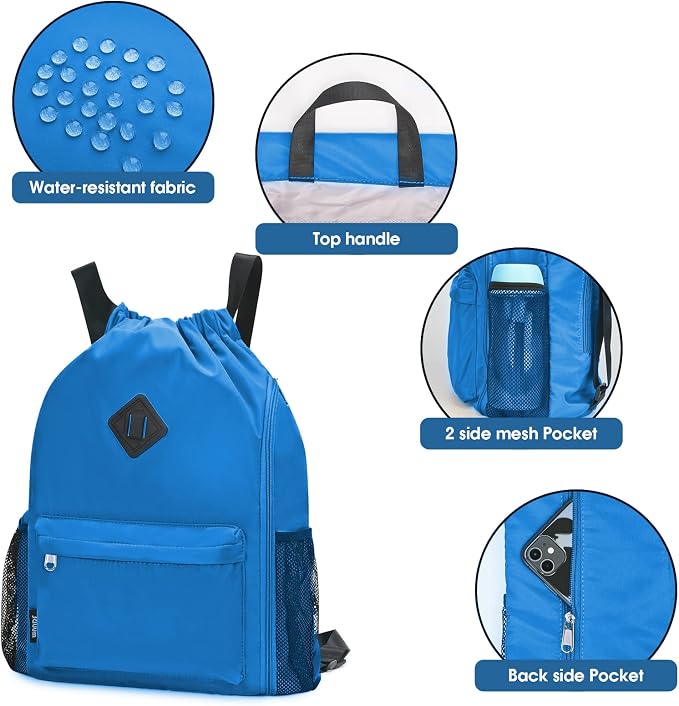 WANDF Drawstring Backpack with Shoe Compartment, Sports Gym Bag | Multi-Pocket Storage, Water-Resistant Fabric, Cinch String Bag