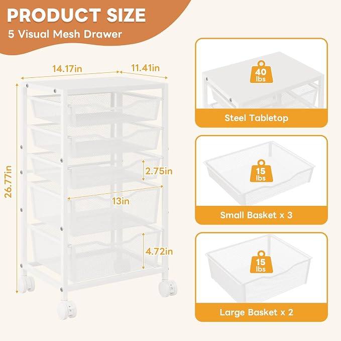 Hongtamoya Rolling Storage Cart with 5 Drawers, Metal Utility Cart with Lockable Wheels, Craft Storage Art Cart, Rolling Drawer Cart for Living Room, Bedroom, Bathroom, Office, Home, White