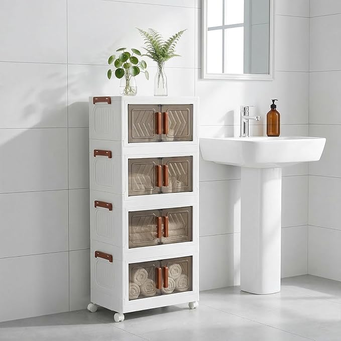 4 Tier Storage Bins with Lids, Stackable Storage Bins with Wheels and Door, Storage Cabinet Organizers for Home Foldable Containers (Transparent Door)