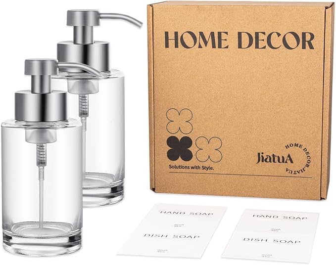 Foaming Soap Dispenser Set, 12 Oz Glass Hand Soap Dispenser with 304 Rust Proof Stainless Steel Pump, Waterproof Labels, for Bathroom Decor Kitchen College Dorm, Clear Silver Pump 2 Pack | Rust Proof Silver Pump, Sturdy, Clear Empty Foam Bottle with Wa...