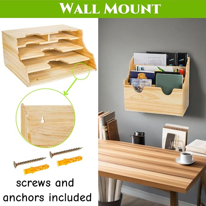 Wood Magazine Holder, 4 Tiers Wall Mounted Desktop Magazine File Divided Organizer, Mail Paper Sorter Newspaper Storage Bin Basket for Office, Home