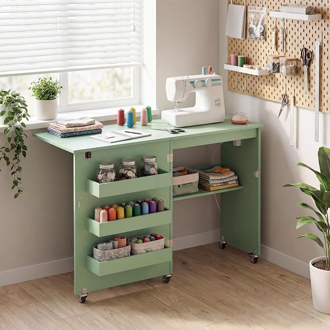 Giantex Folding Sewing Table with Charging Station, Storage Trays & Shelf | Rolling Craft Table with Lockable Wheels, Foldable Sewing Machine Cabinet Desk for Small Spaces, Dorms, Sage