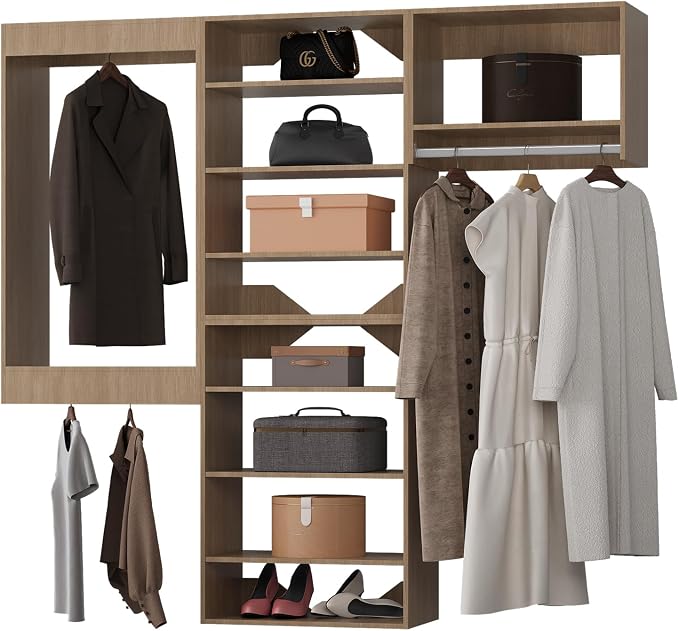Modular Closet Organizer, 84" Wide Tower System with Hanging, Wooden Closet Storage for Walk-In and Bedroom, Wall-Mounted Wardrobe Organizer Kit