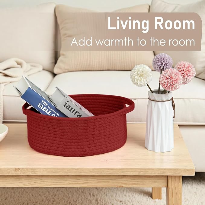 JMvicyroam Woven Basket,Small Rope Storage Bin with Handles & Ribbon Bag, Organizer for Shelves Closets,Gift Basket Empty for Birthday,Books,Dog Toys, Red/3 Pack