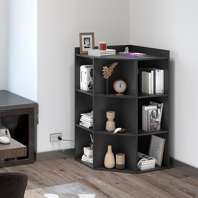 HedoAjim Corner Cabinet, Corner Storage Shelf with USB Ports and Outlets Industrial Organizer for Small Space Wooden 9-Cubby Bookshelf for Study, Playroom, Living Room (Black)