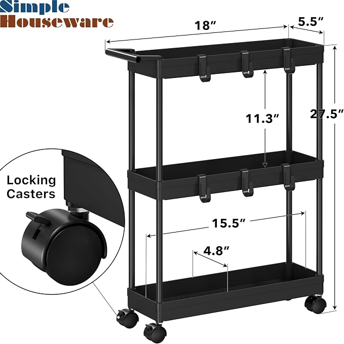 Simple Houseware 3-Tier Slim Rolling Cart w/Handle 5.5" Wx27.5 H, Black | Storage Cart for Narrow Space (5.5-Inch Wide) Kitchen, Bathroom, Laundry Room