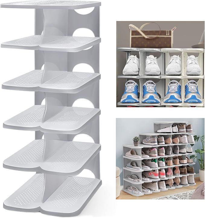 6-Tier Thickening Cubby Shoe Rack, Free Combination Shoe Organizer for Closet, Free Standing Shoe Tower, Stackable Space-Saving Adjustable Shoe Storage Shelf, Grey