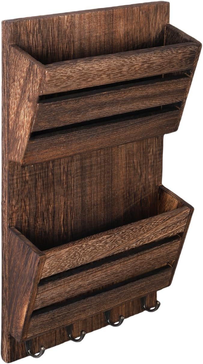 MOOACE Mail Organizer Wall Mount, Wood Mail and Key Holder with Hooks | 2-Slot Mail Sorter Organizer, Office File Organizer Letter Folder for Home Farmhouse Entryway Wall Decor