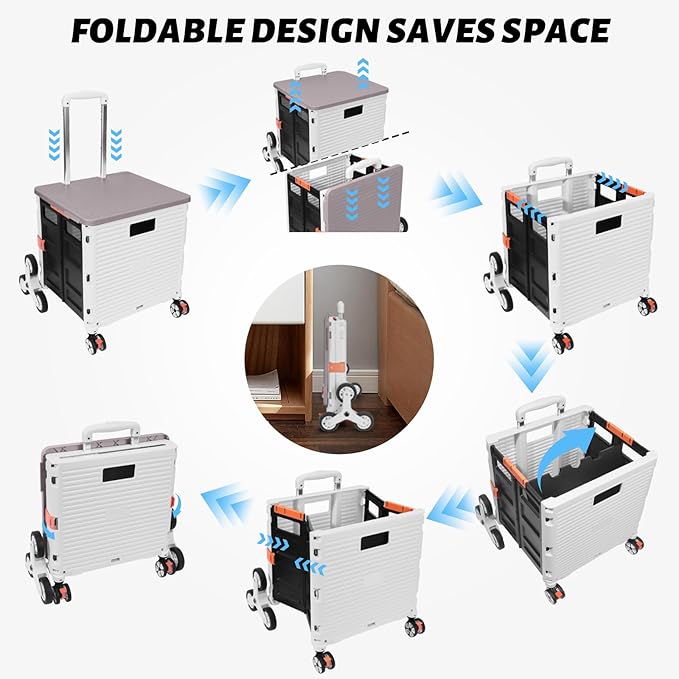 FELICON SELORSS Folding Utility Cart Portable Rolling Crate Handcart with Stair Climbing Wheels&360°Swivel Wheels Telescoping Handle Plastic Box Dolly for Travel Shop Move Office Teacher Use(White)