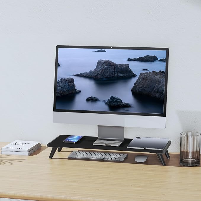 loukin Monitor Stand Riser for Desk, 22.4" × 8.2" Computer Stand, Black | Supports 22 lb, No Installation Required, Water-Resistant Surface, Fits Laptops and Printers, Ergonomic Design