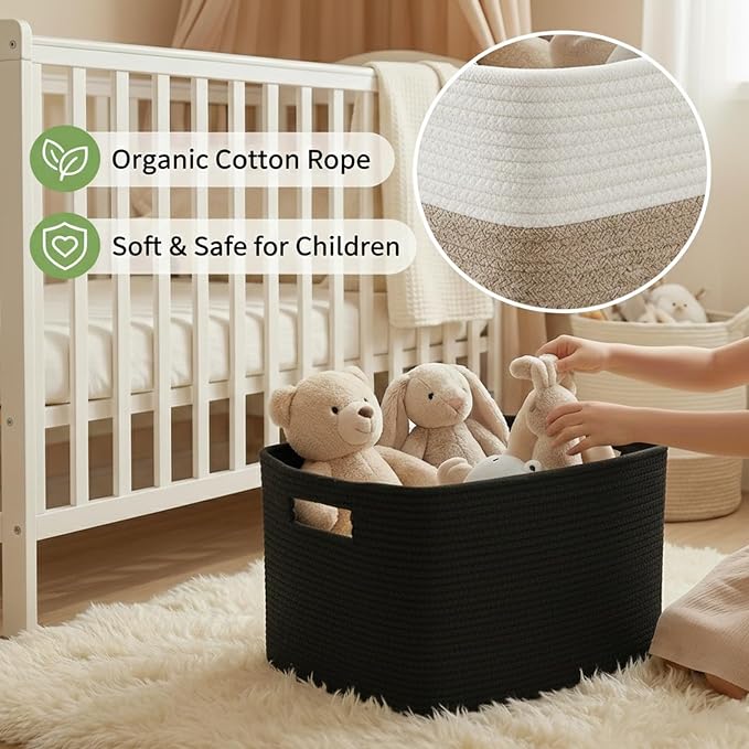 JMvicyroam Woven Blanket Basket,96L Large Storage Bin for Blankets Toys Clothes,Decorative Rope Basket for Living Room Bedroom with Handles, Black