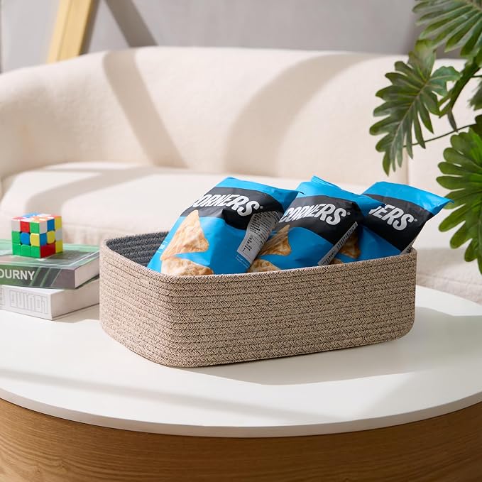 MiniArk Large Shallow Organizing Baskets 15x11x5.1 Inches - Rope Woven Storage Bins for Bathroom, Shelves, Cube Closet, Mixed Brown 3 Packs