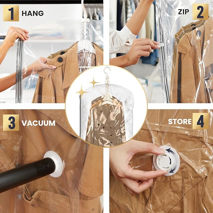 TAILI Hanging Vacuum Storage Bags,Closet Storage for Clothes,Set of 4 (2 Long, 2 Short), Clear