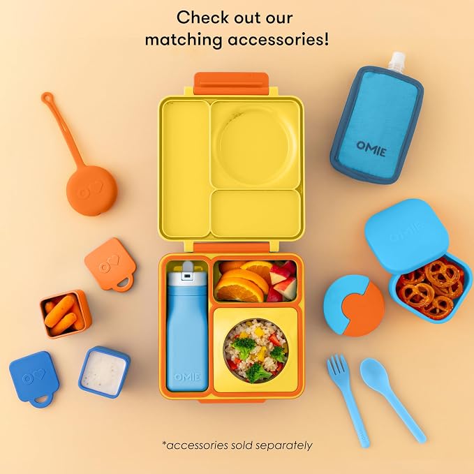 OmieBox Bento Box for Kids - Insulated Bento Lunch Box with Leak Proof Vacuum Insulated Food Jar - 3 Compartments, Two Temperature Zones (Sunshine)