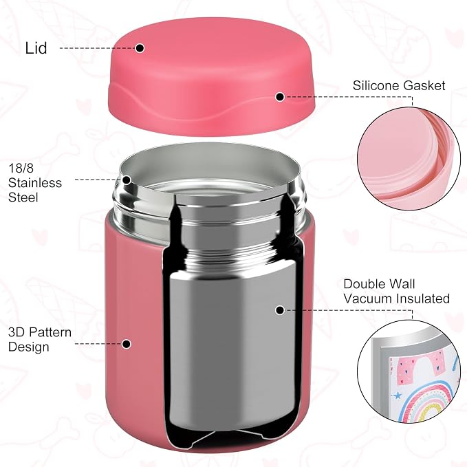 wiwens 12oz 2 Pack Insulated Food Jar Set for Kids Soup Thermo Hot Food Lunch Container Wide Mouth Leak Proof Stainless Steel Vacuum Bento Box for School Office Travel Outdoors