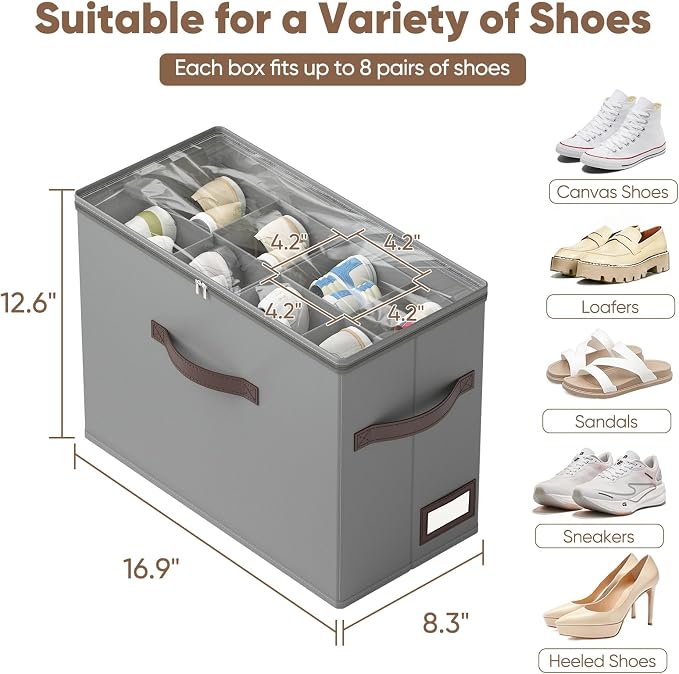 OIAHOMY 2 Pack Shoe Organizer for Closet, Foldable Shoe Storage Bins with Adjustable Dividers, Stackable Oxford Cloth Sneaker Boxes for Entryway Bedroom, Fits Up to 16 Pairs, Grey