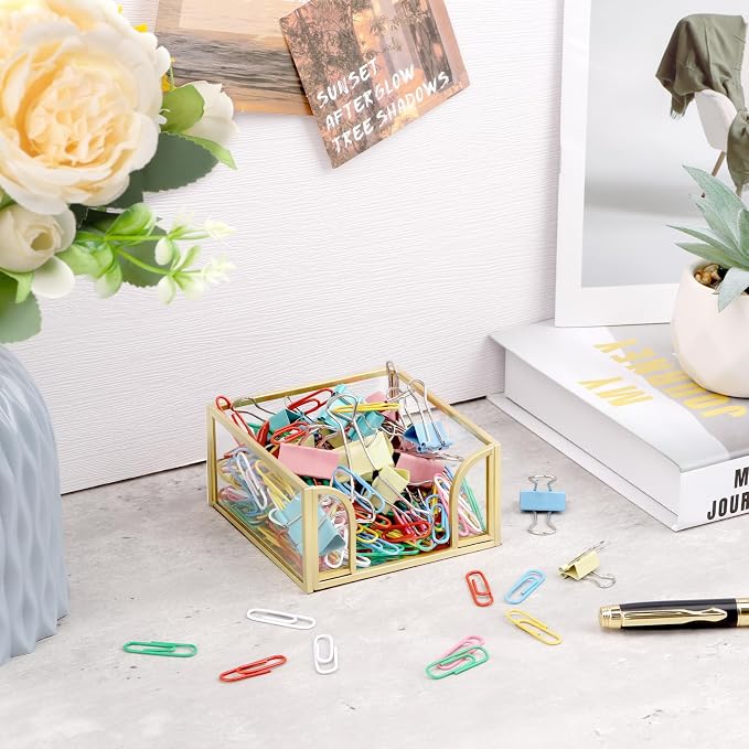 Glass Sticky Note Holder, Gold Post It Note Dispenser for Desk,3 x 3 Inch Post It Note Holder,Stylish Sticky Note Dispenser for Home Office Desk