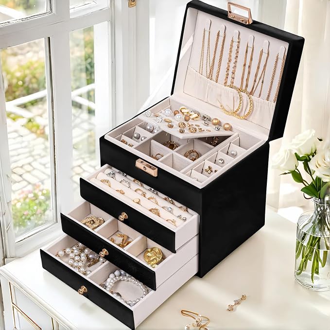 Leather Jewelry Box with Lock for Women, 4-Tier 3-Drawer Jewelry Organizer, Large Capacity Vanity Storage Case for Earrings Rings Necklaces, Gift for Her (Black)