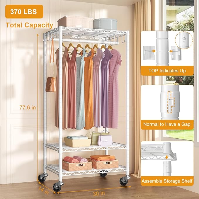 FUTASSI Rolling Clothes Rack, Clothing Racks for Hanging Clothes, White | P6 Medium Heavy Duty Garment Rack with Wheels, Freestanding Portable Closet Rack with Shelves, 30 In Wide, Max Load 370 LBS