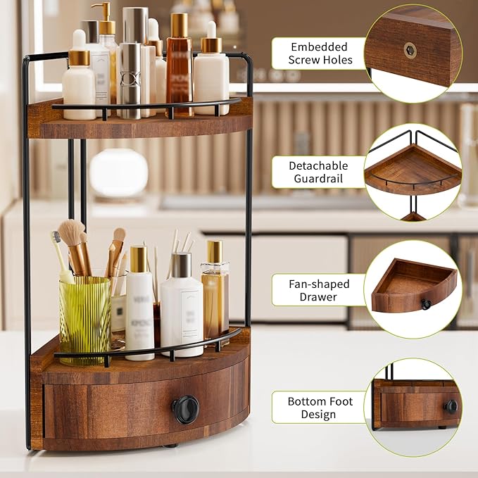 2-Tier Corner Bathroom Counter Organizer with Drawer, Acacia Wood-Brown | Embedded Screw Holes, Wooden Countertop Organizers, Space-Saving, Bottom Ventilation Design, Counter Shelf for Vanity