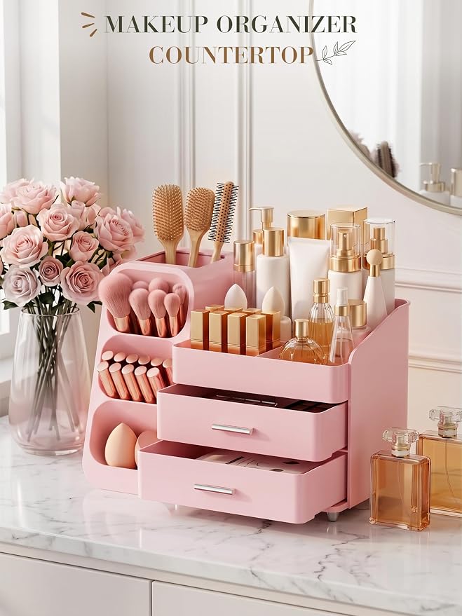 Makeup Organizer with Drawers,Large Capacity Countertop Organizer for Vanity,Bathroom and Bedroom Desk Cosmetics Organizers,Easy To Storage Skincare,Brushes,Lotions (All Pink)