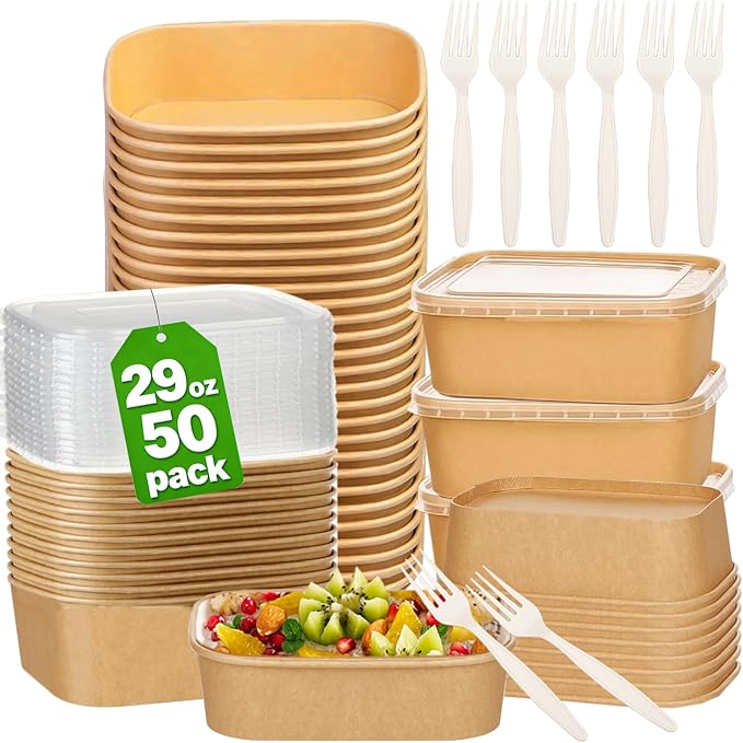 50 Pack 29Oz Disposable Meal Prep Containers With Lids and Forks-Disposable Kraft Paper Bowls-to go food containers-Microwavable and Freezer Safe Take Out Containers