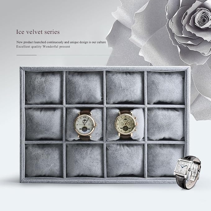 Oirlv Grey Velvet 12 Grid Watch Bracelet Bangle Jewelry Organizer Tray | 12 compartments with removable velvet pillows,stackable, fits in most drawers and dresser,open top for instant access