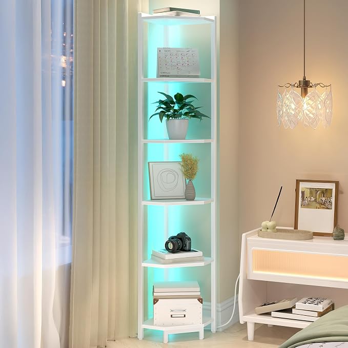 Hzuaneri Corner Shelf with LED Light 6 Tier Corner Bookshelf Standing Shelf | Tall Narrow Display Bookcase with Metal Frame for Small Space, Living Room, Home Office, Bedroom, White CS66613W
